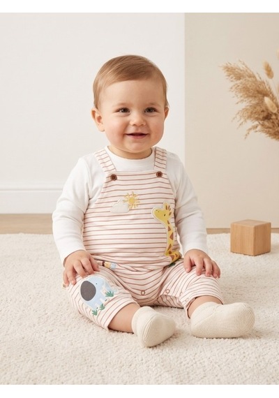 Zekids Erkek Bebek Zürafa Desenli Salopet Ve Uzun Kollu Üst Takım-17511 Çok Renkli