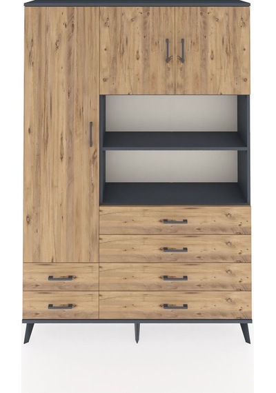Arges Dolap 8 Raflı 6 Çekmeceli 3 Kapaklı 132x30x195 Antrasit-çam/çam Atlas Çam/atlas Çam