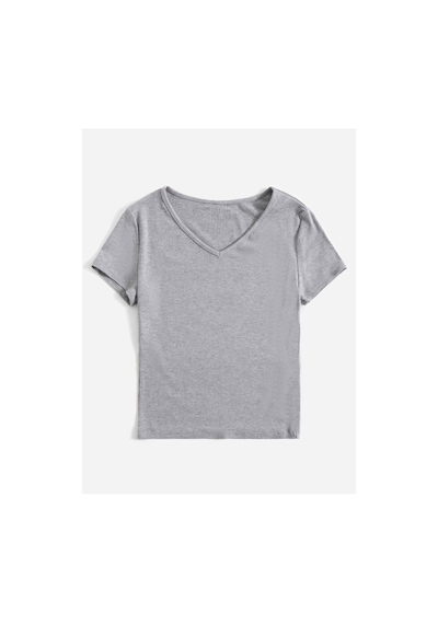 Liona V Yaka Gri Renk Fitilli Kısa Kollu Slim Fit Crop Top Bluz Gri