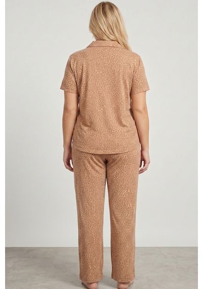 Siyah İnci Büyük Beden Battal Boy Düğmeli Örme Pijama Takım 8016 Vizon Leopar