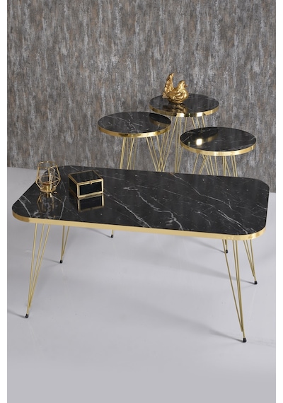 Zigon Sehpa Ve Orta Sehpa Kr Set Gold Tel Siyah Mermer Desen