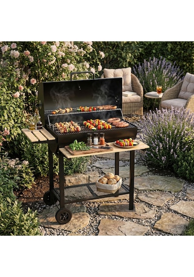 Zln3594 Kömürlü Mangal & Barbekü Taşınabilir Ahşap Raflı Siyah