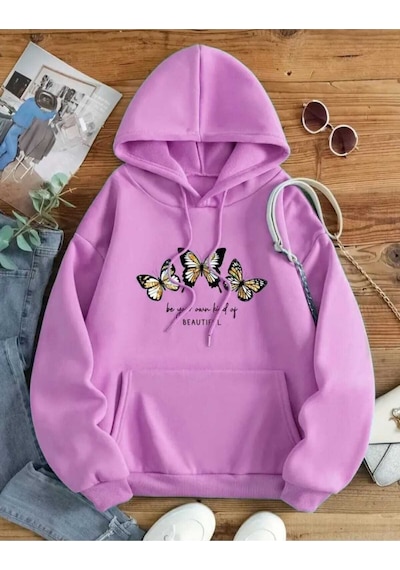 Kozia Outdoors Beautıful 3 Kelebek Baskılı Kapşonlu Sweatshirt Pembe