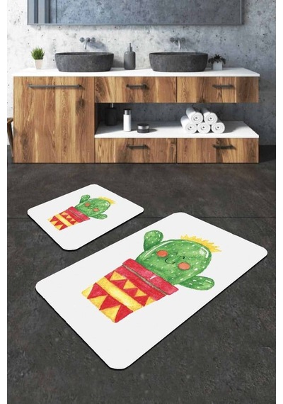 Yeşil Kaktüs Desenli Banyo Halısı Klozet Paspas Seti Bs241n11
