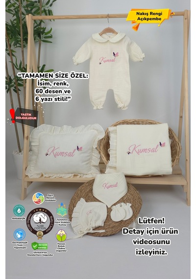 Gros Shop Müslin Yeni Doğan 4katlı Organik %100pamuk Kişiye Özgü Nakışlı Hastane Çıkış Seti Kelebek Model-2 Ekru-3