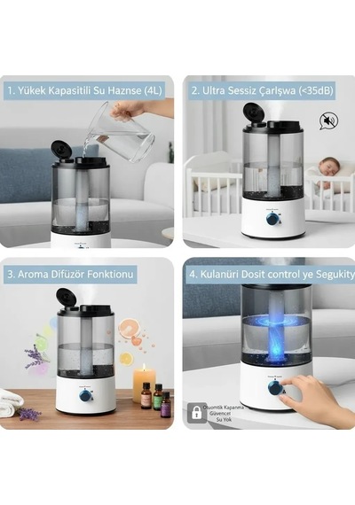Rbh-04 Ultrasonik Hava Nemlendirici 4 Litre Buhar Makinesi Aroma Difüzörü - Otomatik Kapanma