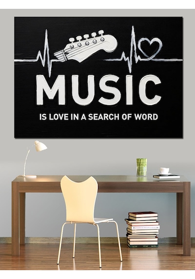 Müzik Kalp Atışı Yazısı Dekoratif Kanvas - Mdf Ahşap Tablo