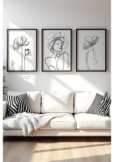 Huhuli Ahşap Siyah Çerçeveli Minimalist Line Art 3'lü Tablo Seti Huhu534
