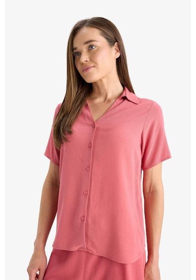 Defacto Regular Fit Kaçık Yaka Krinkıl Viskon Kısa Kollu Gömlek F5835ax25smbr275 Bordo