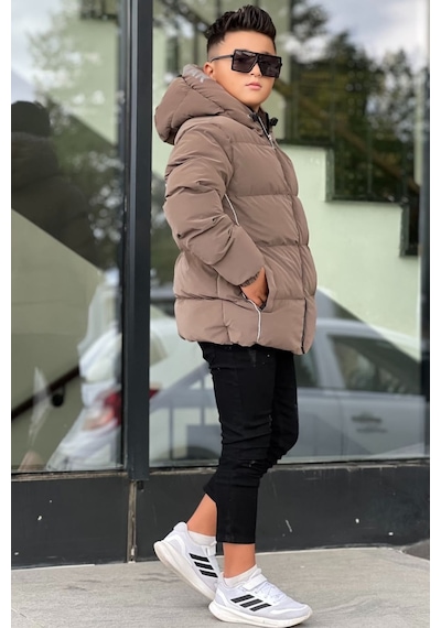 Pina Kids Erkek Çocuk Kapüşonlu Baskılı Reflöktör Detaylı Nova Kumaş Kışlık Şişme Mont Km4017 Kahverengi