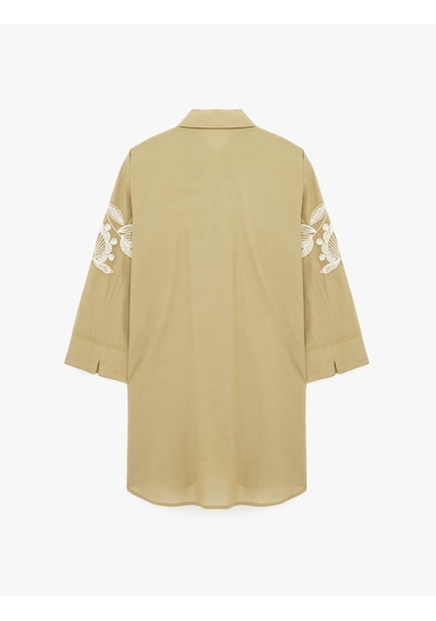 Koton Pamuklu Uzun Kollu Floral Dokulu Nakış Detaylı Oversize Uzun Gömlek Tunik Ekru Desenli 6sak60012ew