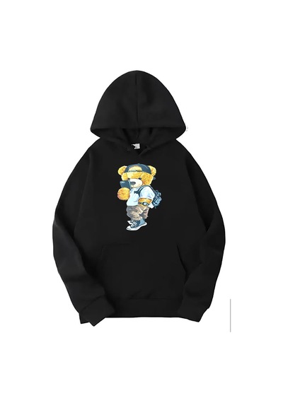 Medinenur Siyah Peluş Ayı Baskılı Kapüşonlu Sweatshirt siyah