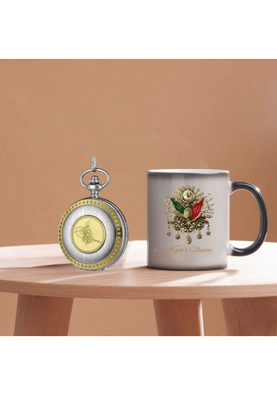 Kişiye Özel Osmanlı Tuğra Tasarımlı Kupa Bardak Ve Retro Köstekli Cep Saati Hediye Seti