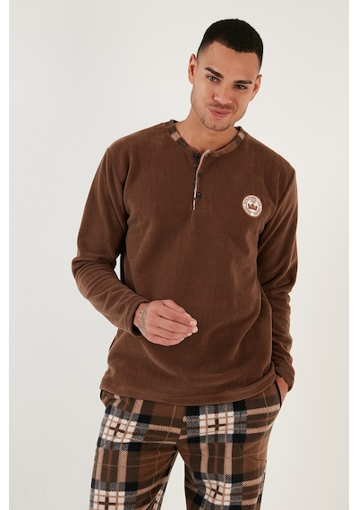 Buratti Ekoseli Regular Fit Düğmeli Bisiklet Yaka Kışlık Polar Erkek Pijama Takımı 60961002 Camel
