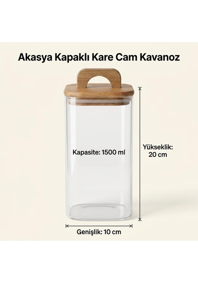Akasya Kapaklı Kare Cam Kavanoz 1500 Ml, 10 20 Cm, Contalı Tutma Kulplu Şeffaf Erzak Kabı, Makarna Pirinç Bakliyat Yulaf Kuruyemiş Ve Kuru Gıda Saklama Kavanozu Çok Renkli