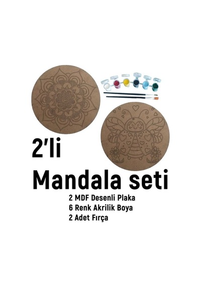 2'li Mandala Boyama Seti- Aile Etkinliği-2 Ham Mdf Plaka, 6 Renk