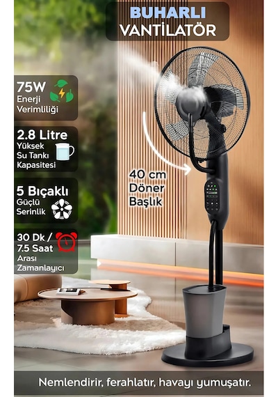 Buzlu Vantilatör Buharlı Nemlendirici Fan Zaman Ayarlı 2.8 Litre 75 Oda Soğutucu Dijital