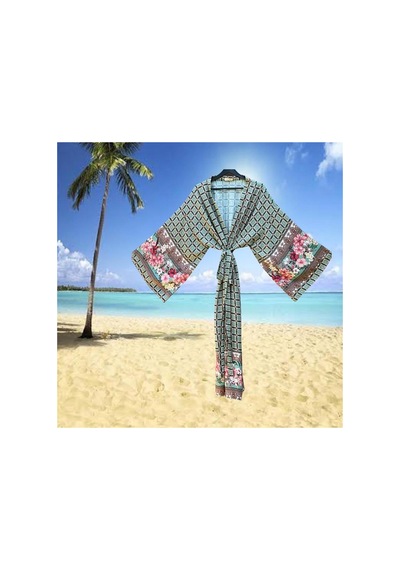 Lila Mare Geometrik Çiçekli Kimono Renkli Renkli
