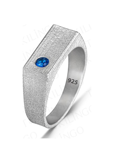 Takılingo 925 Ayar Gümüş Mavi Zirkon Taşlı Sade Erkek Yüzük Gümüş
