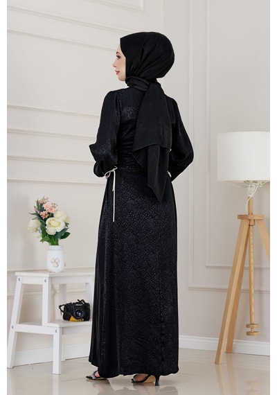Buse Yanı Bağcıklı Saten Abiye-siyah-4996