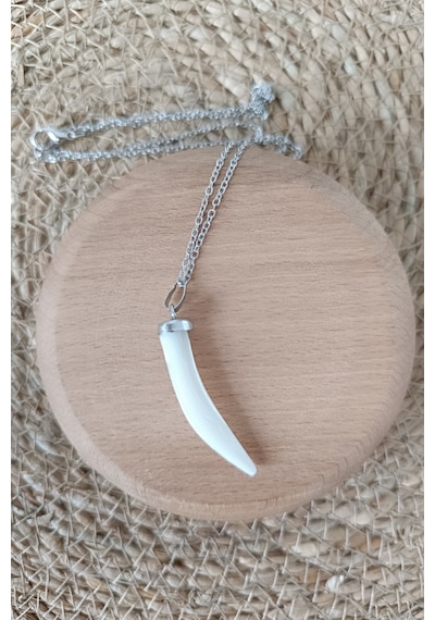 Unisex Sedef Fil Dişi Kolye Doğal Taş Orijinal Sertifikalı Doğal Taş Kolye Zincir Kolye 53 Cm Zincir Kolye 53 Cm