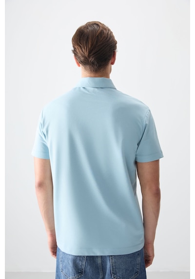 Air Jones Açık Mavi Pamuklu Kalın Yumuşak Dokulu Polo Yaka Oversize Fit Basic Erkek T- Shirt - 88381 Açik Mavi