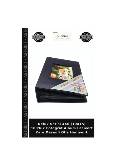 Delux Serisi 4x6 10x15 100'lük Fotoğraf Albüm Lacivert Kare Desenli Ofis Hediyelik