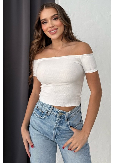 Lesa Wear Soft Touch Kayıkçı Yaka Dekolteli Basic Crop Bluz Beyaz