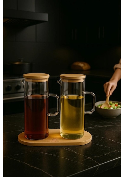 3 Parça 400 Ml Borosilikat Yağlık - Bambu Altlık Ve 2 Adet Bambu Kapaklı Cam Yağdanlık Saydam Cam