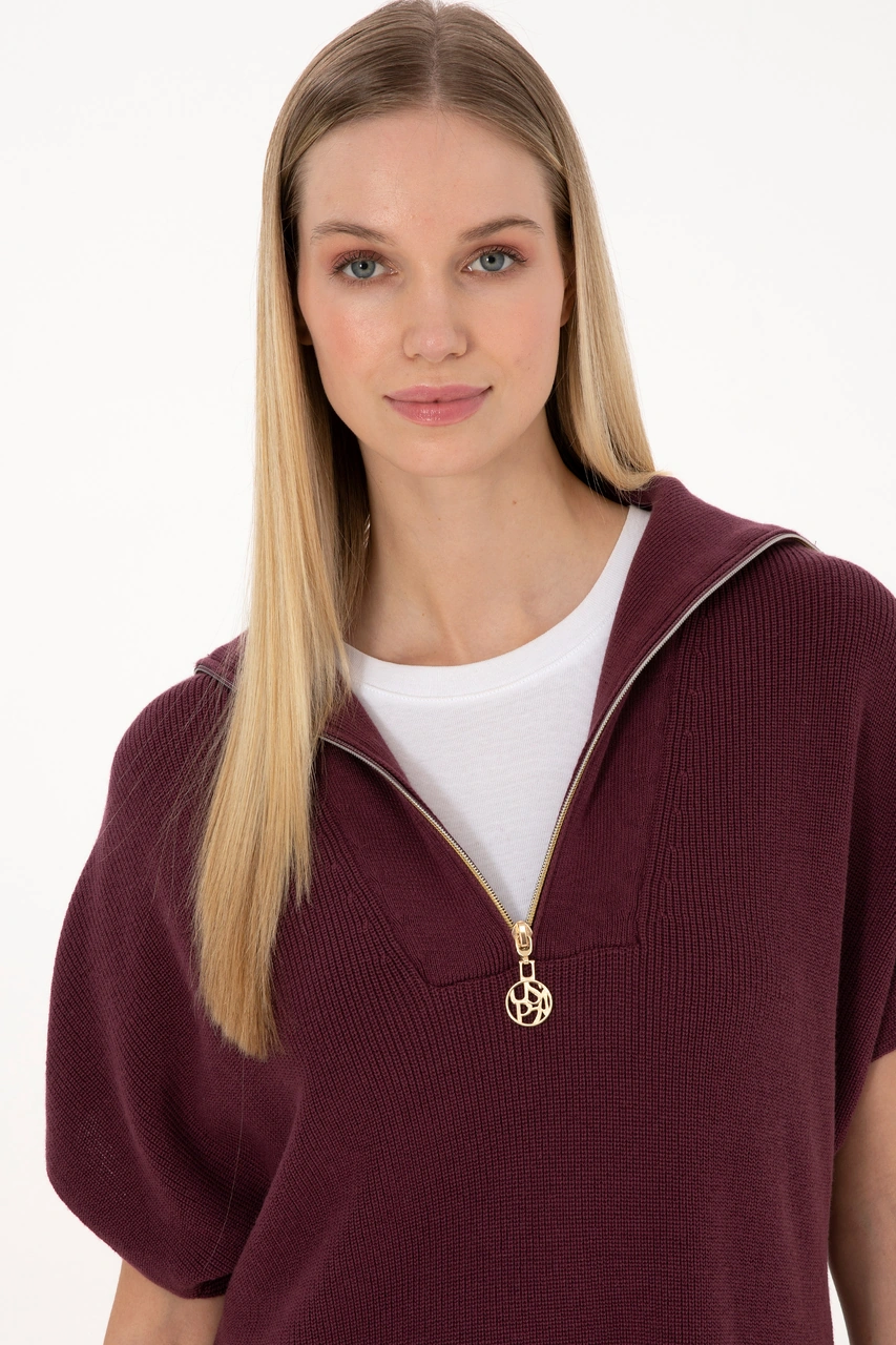 U.S. Polo Assn. Kadın Bordo V Yaka Fermuarlı Süveter 50317570-VR177