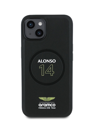 Apple Uyumlu iPhone 15 Kılıf Aston Martin Lisanslı M-safe Şarj Özellikli Pu Deri Alonso 14 Baskılı Kapak Siyah