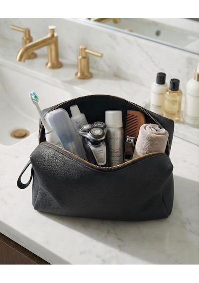 Deri Erkek Bakım Çantası Seyahat Organizeri Tıraş Çantası, Kişisel Bakım Ve Kozmetik Düzenleyici, Fermuarlı Geniş Hacimli Dopp Kit Siyah