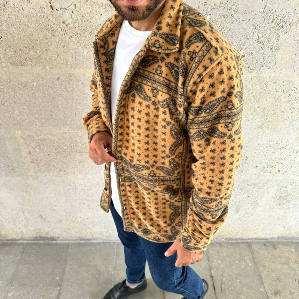 Hazego Erkek Desenli Düğmeli Polar Gömlek Hardal Paisley Desen Yakalı, Uzun Kollu, Oversize Rahat Kalıp - Sarı Sarı