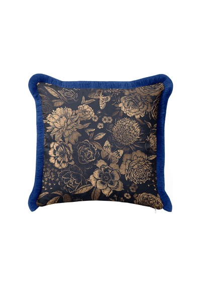 Çiçekli Vintage Floral Saçaklı Yastık Kılıfı - Botanik Lacivert Bej Lacivert Püsküllü Kırlent Kılıfı Sessiz Ufuk Mira