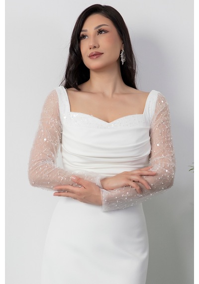 Kalopya Kalp Yaka Kollae Pulpayet Abiye Elbise Ecr5492 BEYAZ