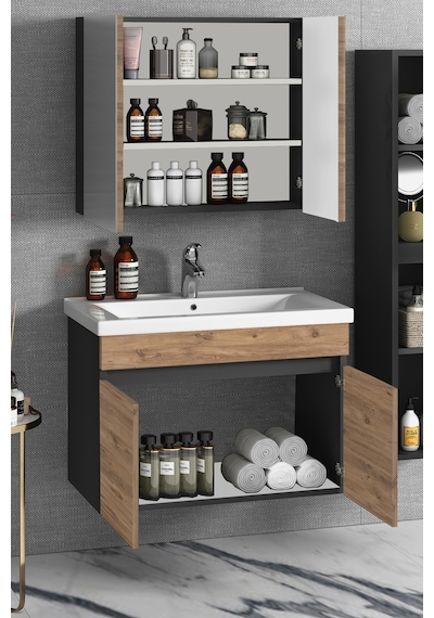 Çiğdem 80 Cm Antrasit Gri Mat-Atlantik Çam Mdf Seramik Lavabolu A Antrasit - Atlantik Çam