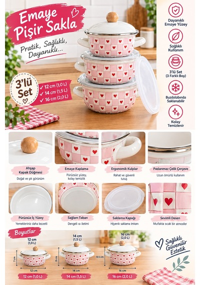 Kalpli 3lü Pişir & Sakla Emaye Tencere Seti 12-14-16 Cm Pembe Alv038