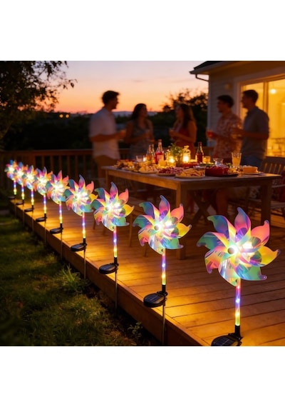 Solar Enerjili Rüzgar Gülü 2'li Set, 80 Cm Işıklı Bahçe Süsü, Renkli Dekoratif Rüzgar Çarkı, Güneş Enerjil