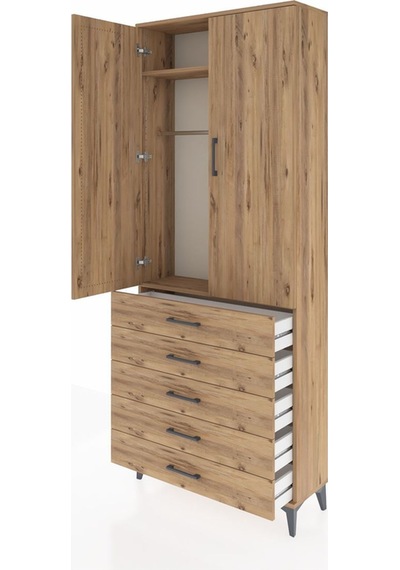 Arges Dolap 2 Raflı 5 Çekmeceli Tek Askılı 88x30x221 Çam-çam Çam