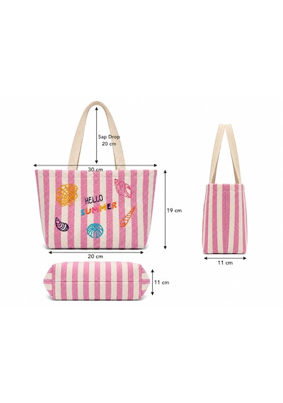 İcone Bag Çocuk Plaj Çantası, Nakışlı Çizgili Kız Plaj Çantası, Kids Beach Bag, Lila Çizgili Çocuk Plaj Çantası Pembe
