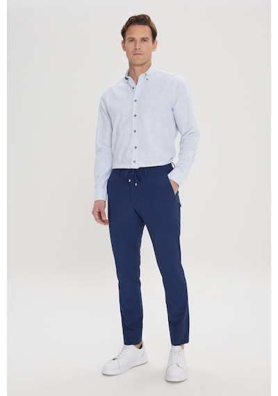 AC&Co / Altınyıldız Classics Erkek Lacı Slim Fit Dar Kesim Beli Bağlamalı Yan Cep Gofre Desenli Pantolon Lacivert