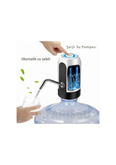 Alaska Şarjlı Otomatik Damacana Su Pompası Usb Kablolu, Dokunmatik, Pratik Su Sebili Siyah Beyaz