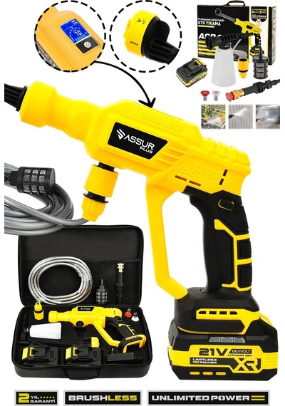 Assur Plus 21V Kömürsüz Motor Yüksek Basınçlı Akülü Oto Araba Yıkama Makinesi Şarjlı - 2854