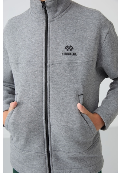 Tommylife Gri Melanj Pamuklu Kalın İçi Tüylü Standart Fit Nakışlı Erkek Çocuk Sweatshirt - 11245