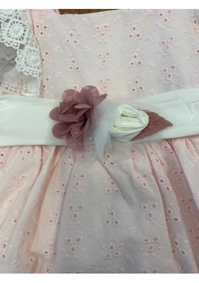 Lamato Baby Yazlık Keten Kemerli Çiçek Aksesuarlı Bebe Kız Elbise Pembe