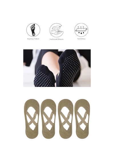 4 Adet Kadın Kaydırmaz Tabanlı Yoga Pilates Fitness Dans Ve Spor Çorabı Bej