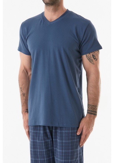 Fullamoda Ekose Desenli V Yaka Pijama Takımı 24mıcg631212243-indigo 24MICG631212243-İndigo