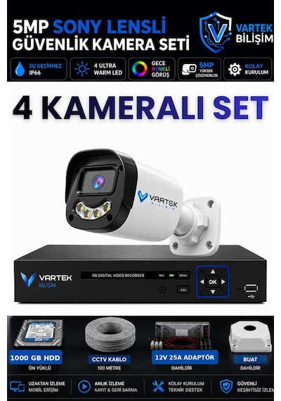 4 Kameralı Full Hd Güvenlik Kamera Seti 1000 Gb Hdd 5mp Gece Renkli Görüşlü - Sabit Ip Gerektirmez