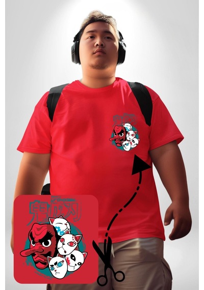 Angemiel Japon Anime Tengu Maske Kırmızı Büyük Beden Kadın Basic Minimal Baskılı Tişört Kırmızı