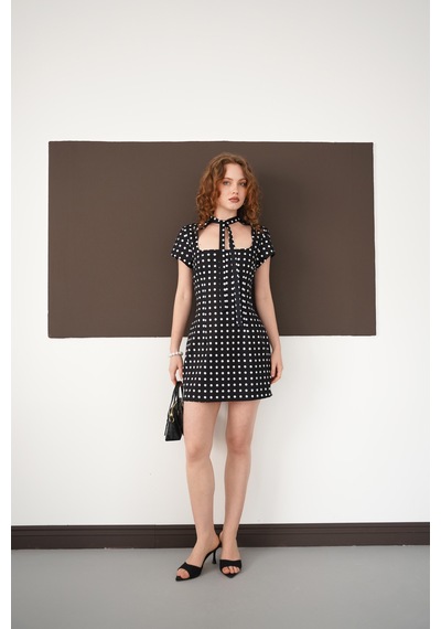 Verymoda Puantiyeli Saten Elbise D2978 Siyah